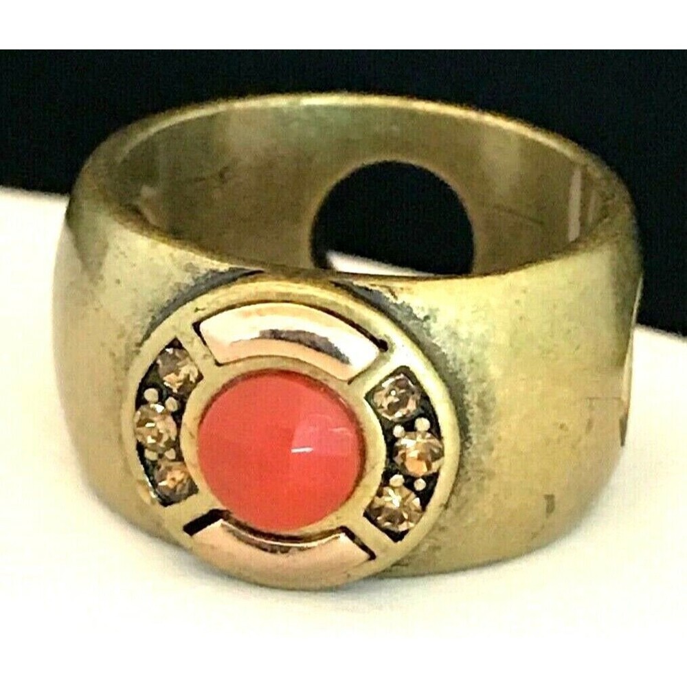 New Antiqued Brass Tone Ring Size 6 Orange Cabochon Crystal Accent - 2B